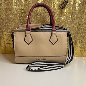 Guess Tan and Burgundy Satchel with Striped Strap